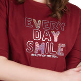 Astron – Boat Neck Printed Maroon Color Cotton T-Shirt for Women